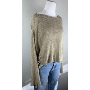 Women Distressed Oversize Crop Sweater S/M Boho Grunge Slouchy Brown Bell Sleeve